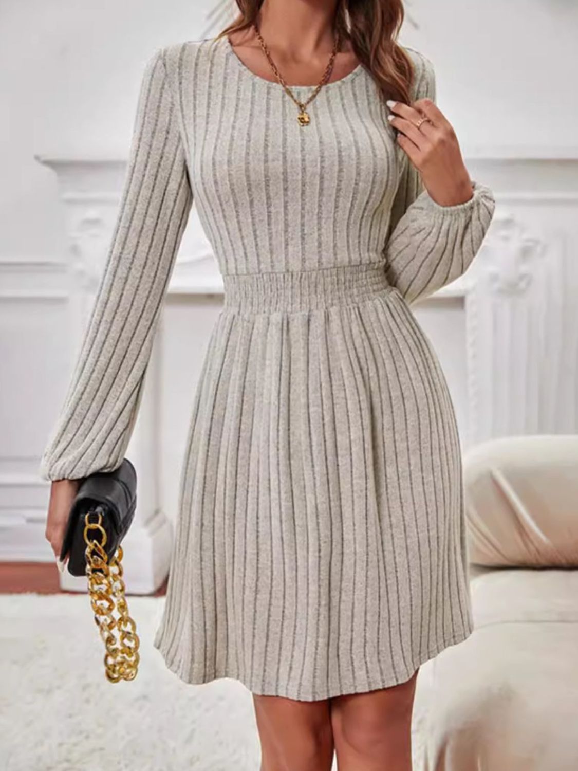 Smocked Round Neck Long Sleeve Knee Length Dress  Trendsi Dust Storm S 