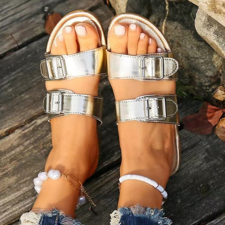 Open Toe Double Buckle Sandals  Trendsi   