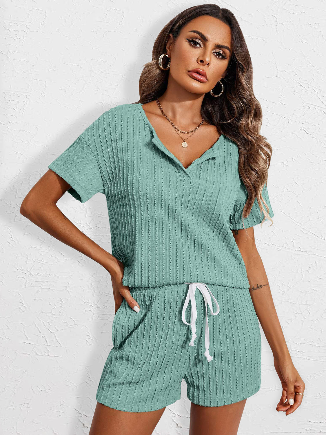 Notched Short Sleeve Top and Shorts Set Top And Short Set Trendsi   