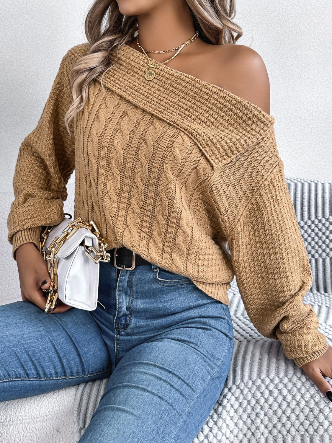 Cable-Knit One Shoulder Long Sleeve Sweater  Trendsi   