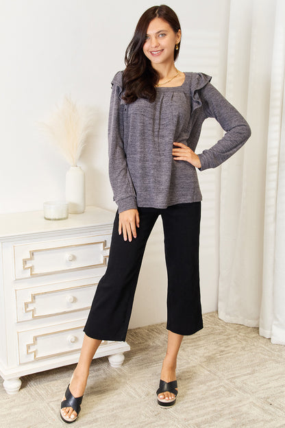 Double Take Square Neck Ruffle Shoulder Long Sleeve T-Shirt Sale Trendsi   