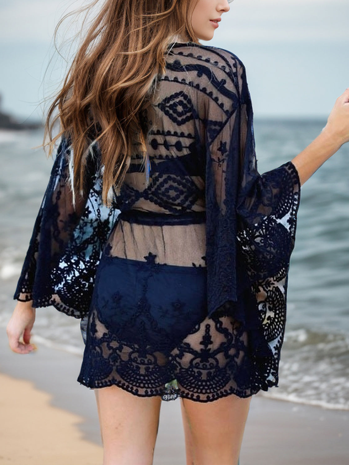 Lace V-Neck Three-Quarter Sleeve Cover Up  Trendsi   