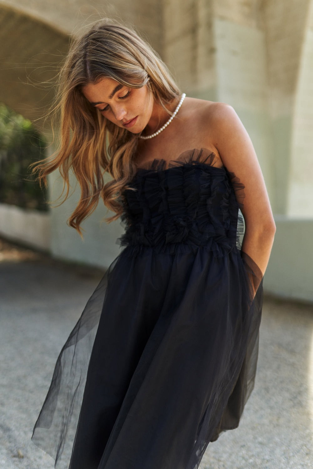 J.NNA Mesh Ruffle Tube Top Swing Dress  Trendsi   