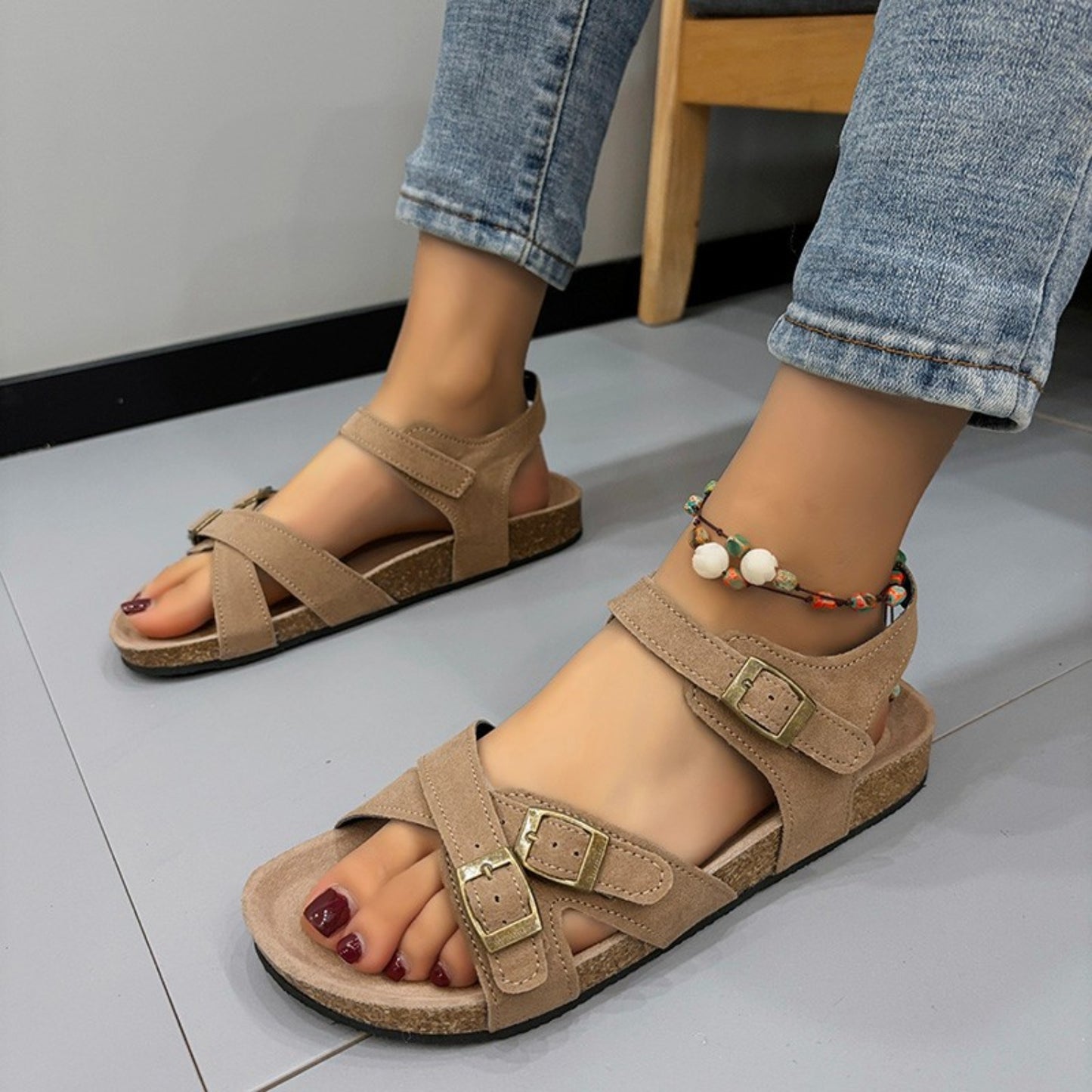 Open Toe Flat Buckle Sandals  Trendsi Khaki 36(US5) 