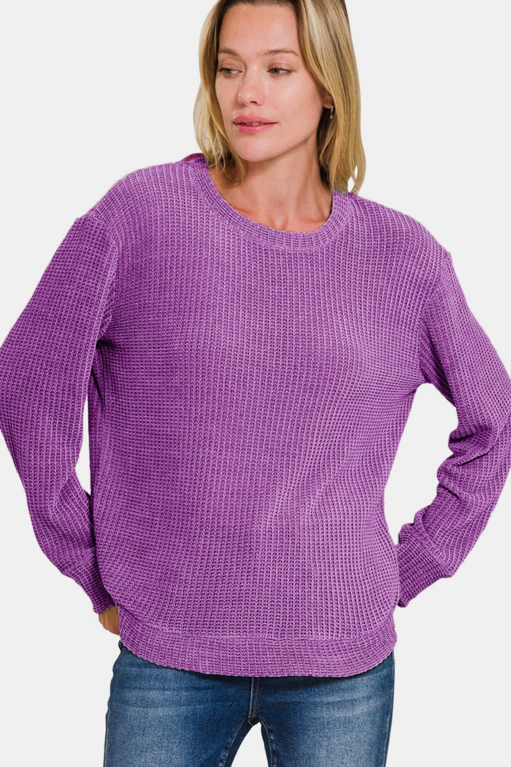 Zenana Chenille Waffle Round Neck Sweater  Trendsi   