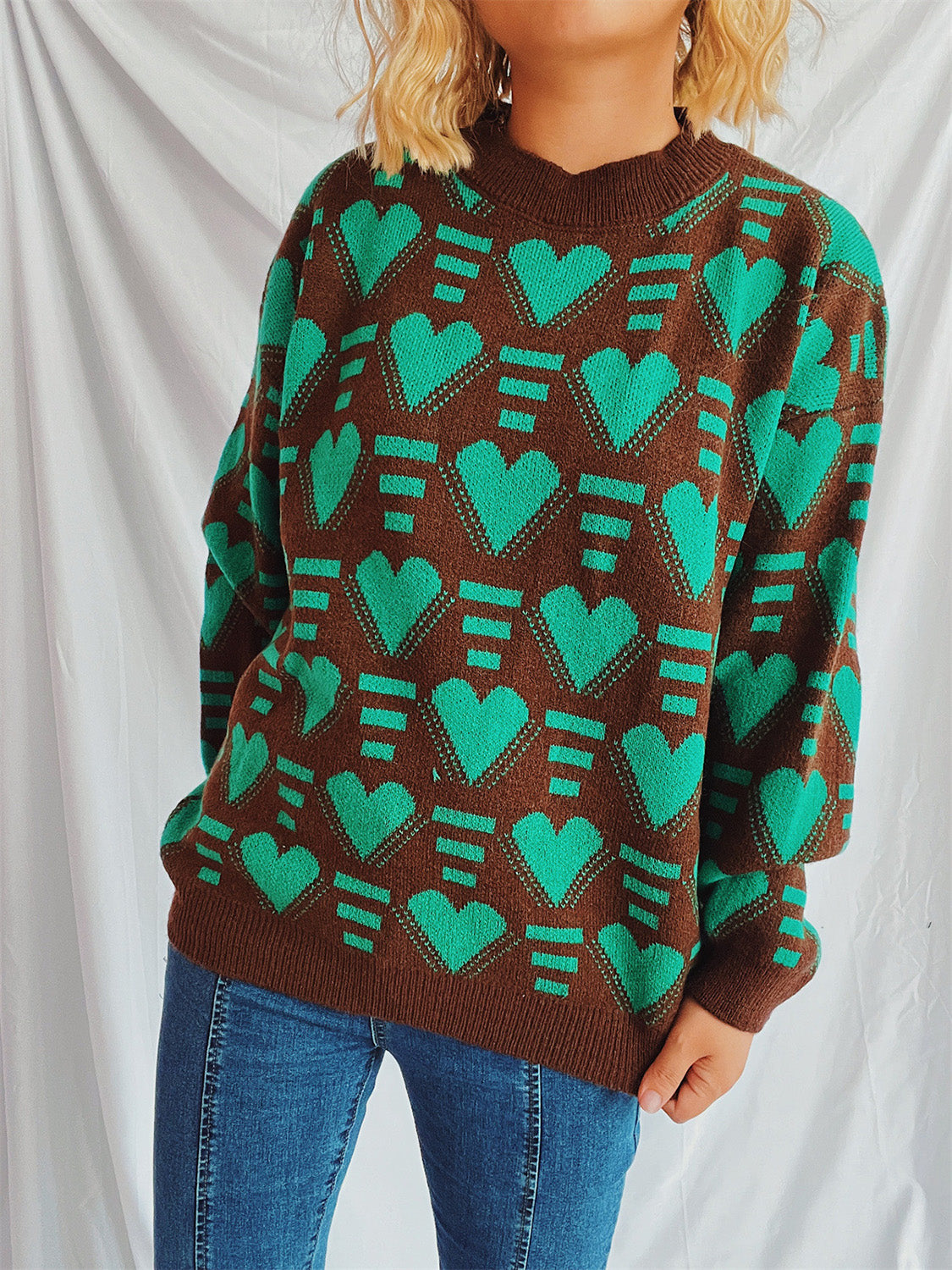 Heart Contrast Long Sleeve Dropped Shoulder Sweater  Trendsi   