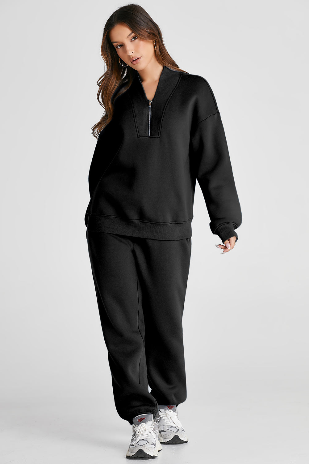 Quarter Zip Long Sleeve Top and Pants Set  Trendsi   