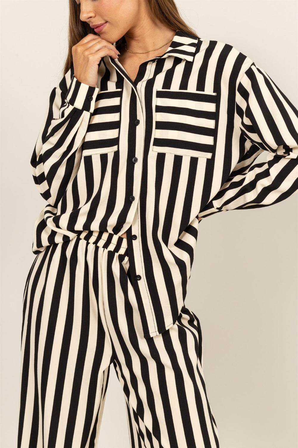 HYFVE Striped Button Up Shirt and Pants Set  Trendsi   