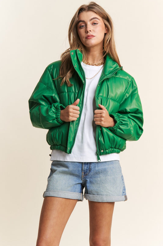 J.NNA Turtleneck Snap and Zipper Closure Crop Puff Jacket  Trendsi Green S 