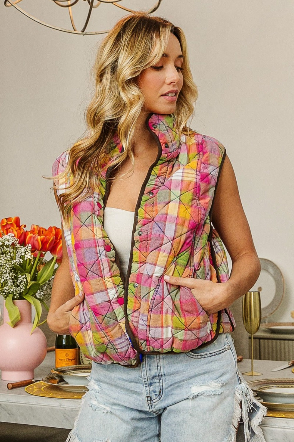 BiBi Quilted Washed Plaid Snap Down Vest Luxe Trendsi   