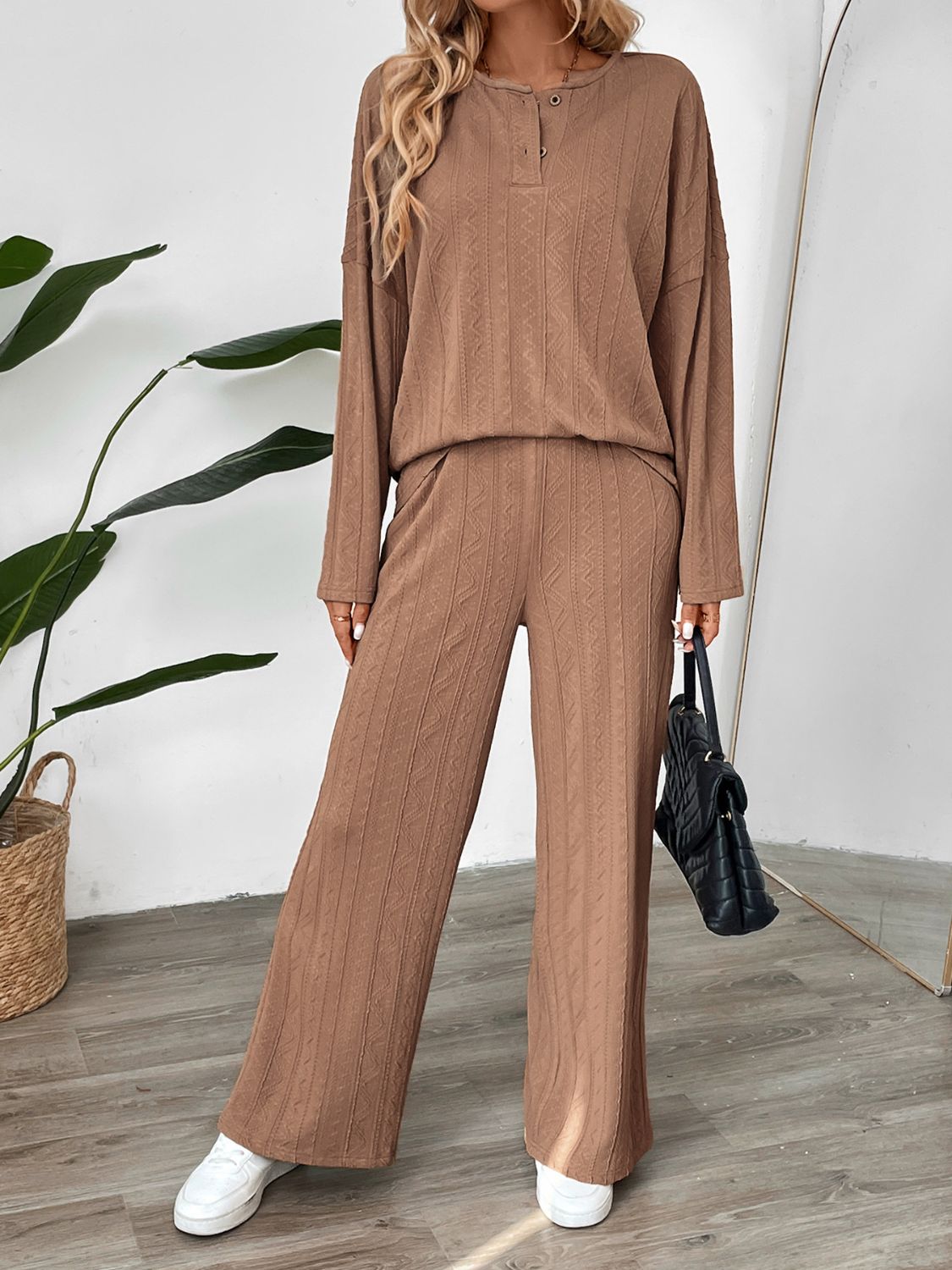 Perfee Quarter Button Long Sleeve Top and Pants Set  Trendsi   