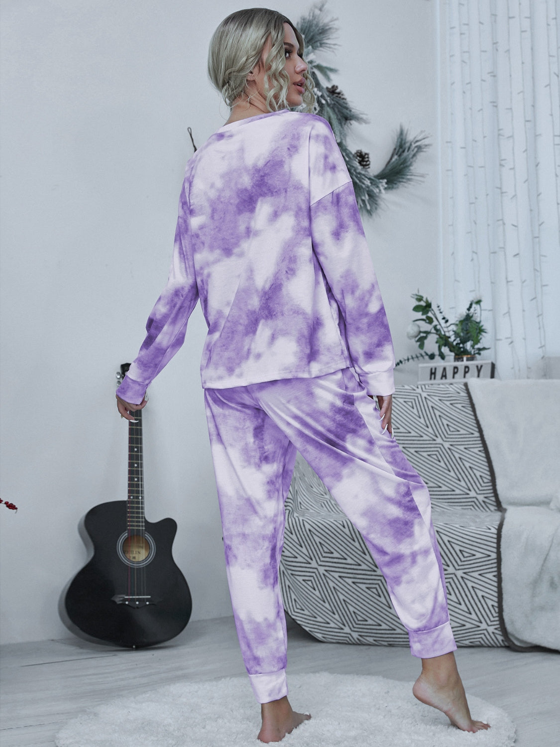 Shiny Tie-dye Round Neck Top and Drawstring Pants Lounge Set  Trendsi   