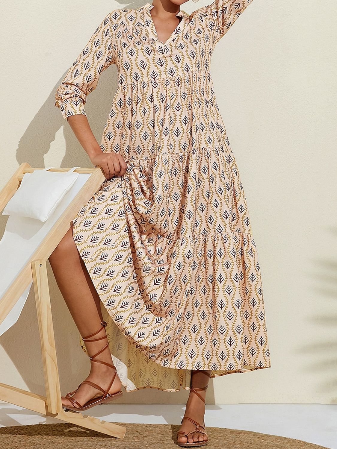 Printed Notched Long Sleeve Midi Dress  Trendsi   