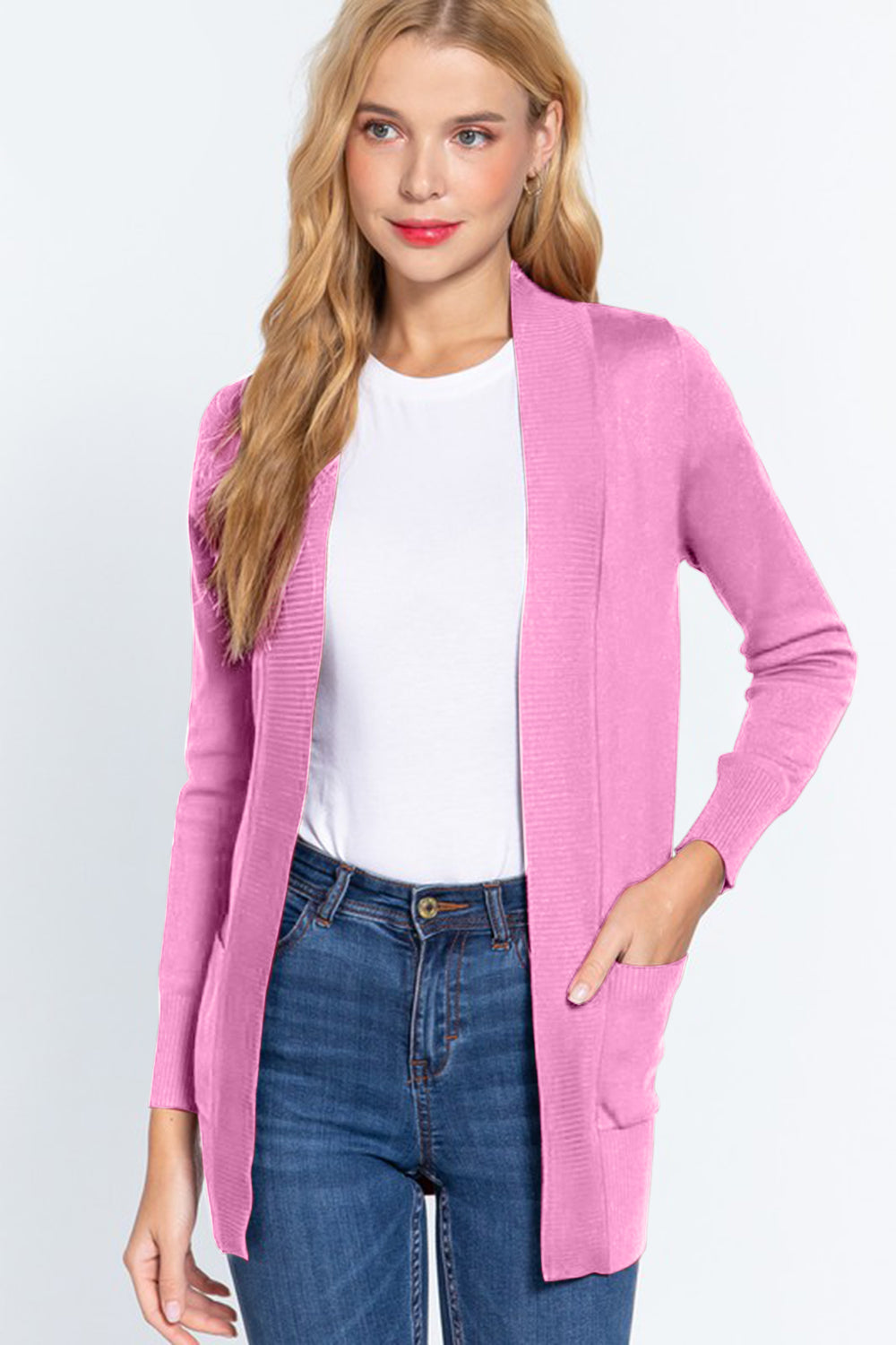 ACTIVE BASIC Ribbed Trim Open Front Cardigan  Trendsi   