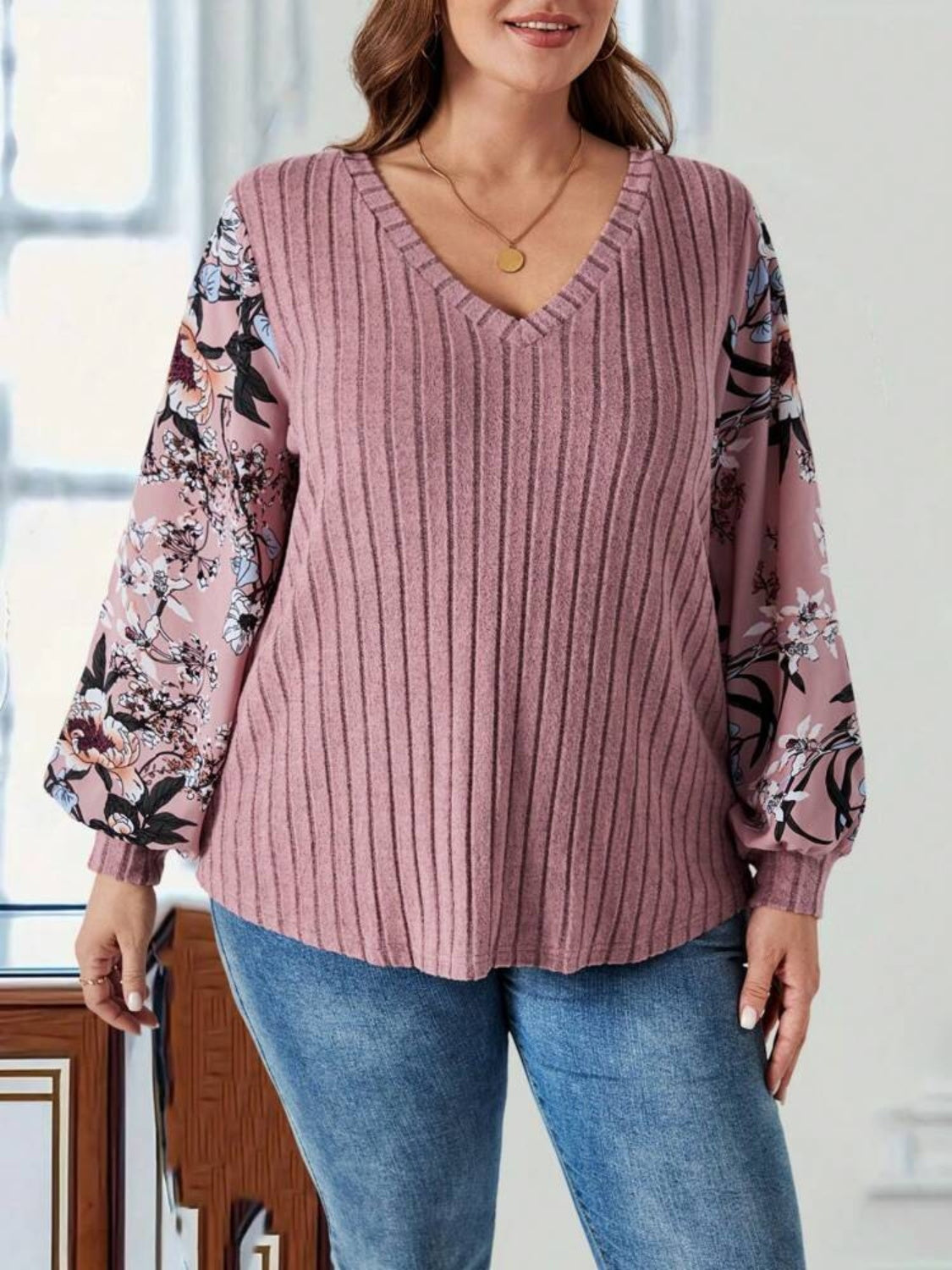 Plus Size Printed V-Neck Long Sleeve T-Shirt  Trendsi Dusty Pink XL 