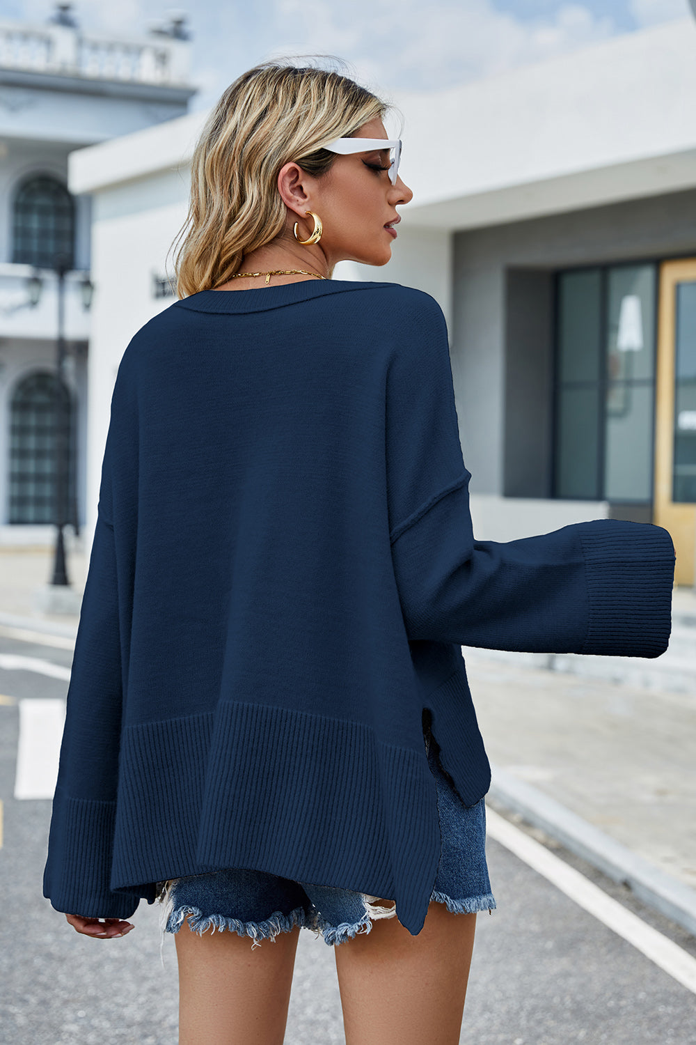 High-Low Slit Round Neck Long Sleeve Sweater  Trendsi   