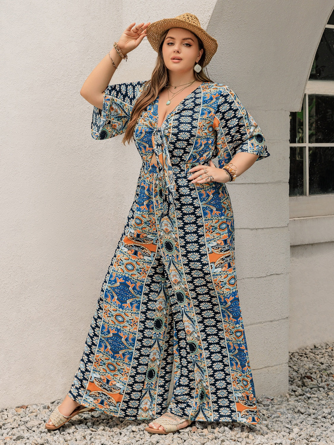 Plus Size Printed Half Sleeve Wide Leg Jumpsuit  Trendsi   