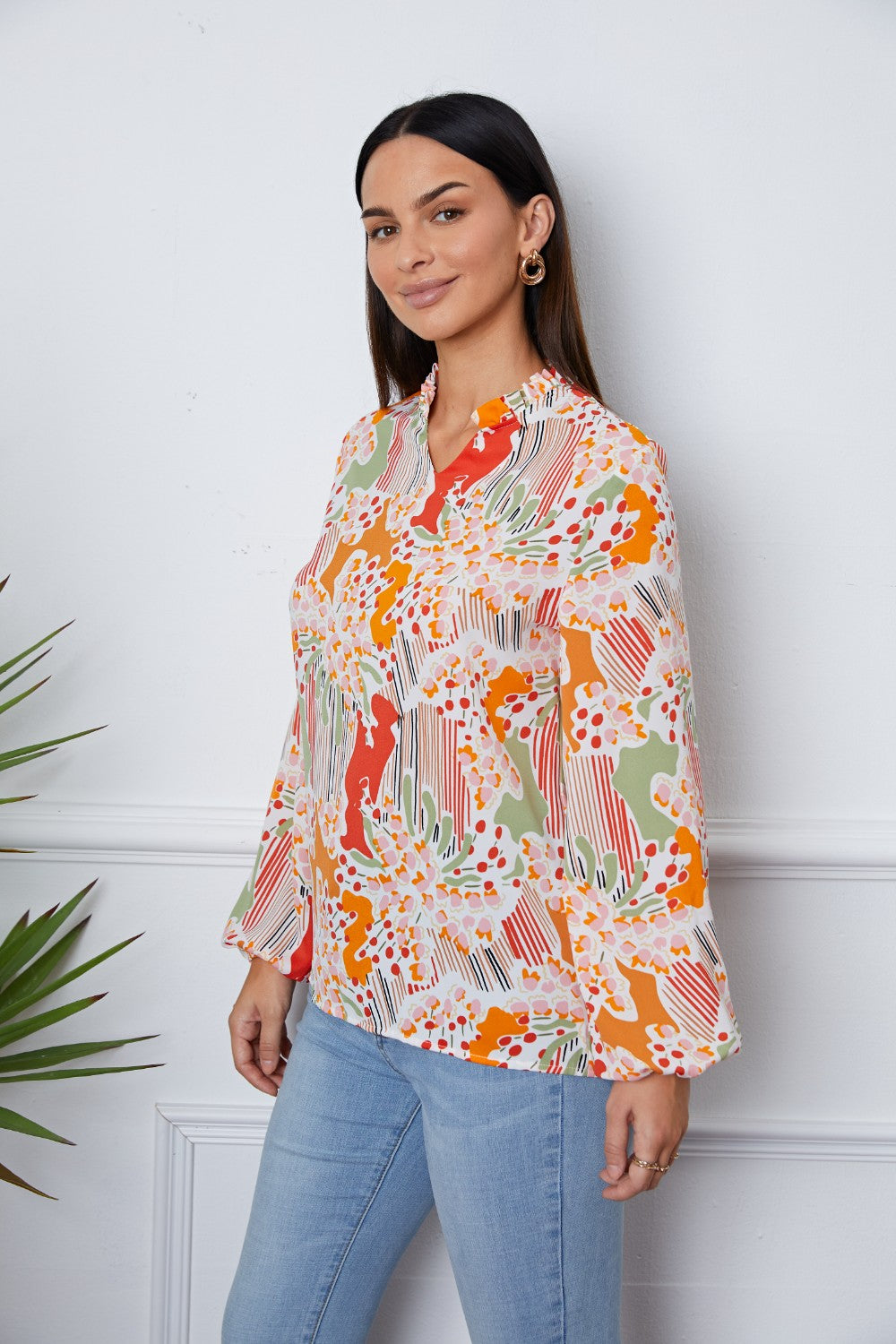 Floral Frill Notched Long Sleeve Blouse Blouse Trendsi   