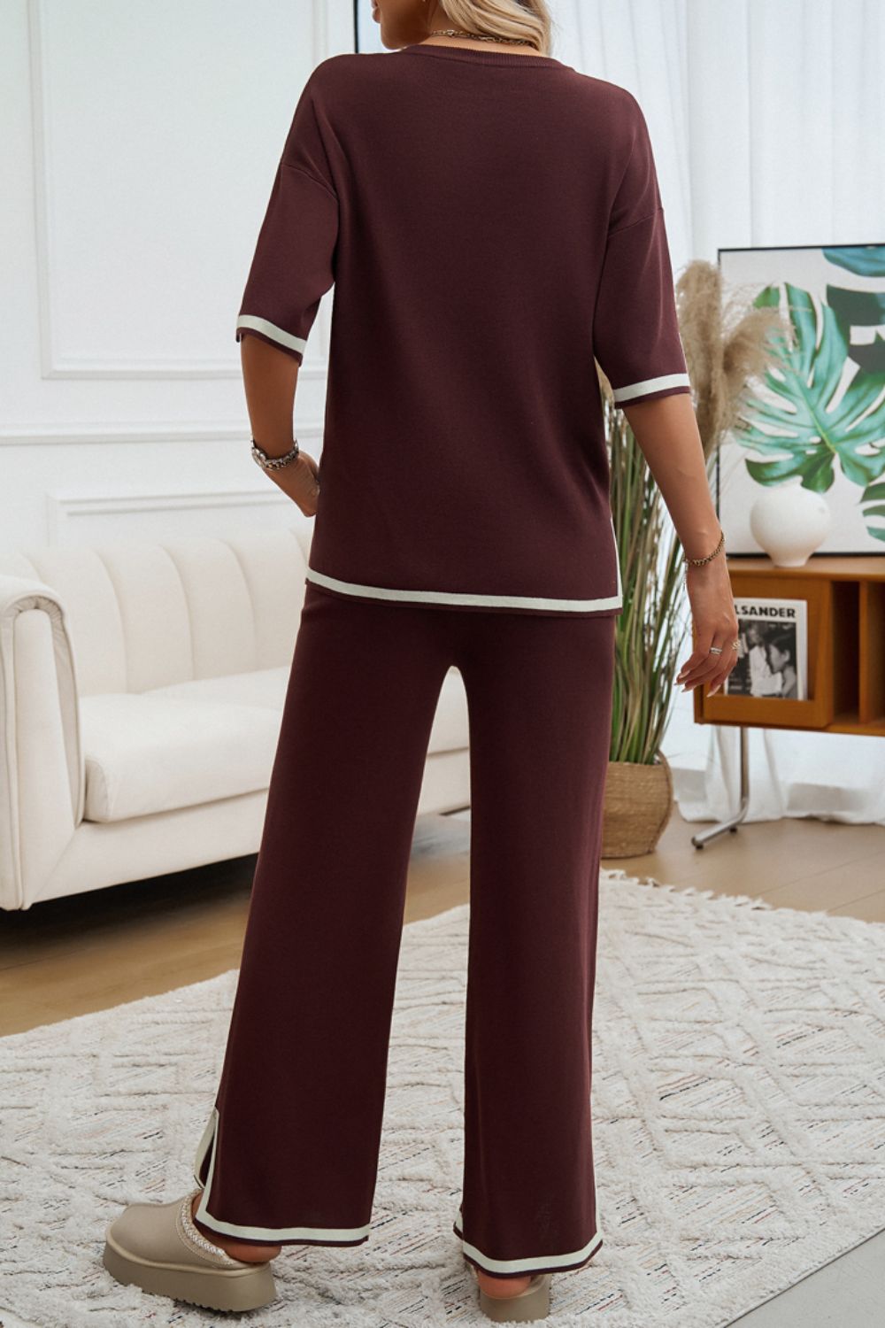 Devine Contrast Trim Half Sleeve Top and Pants Set  Trendsi   