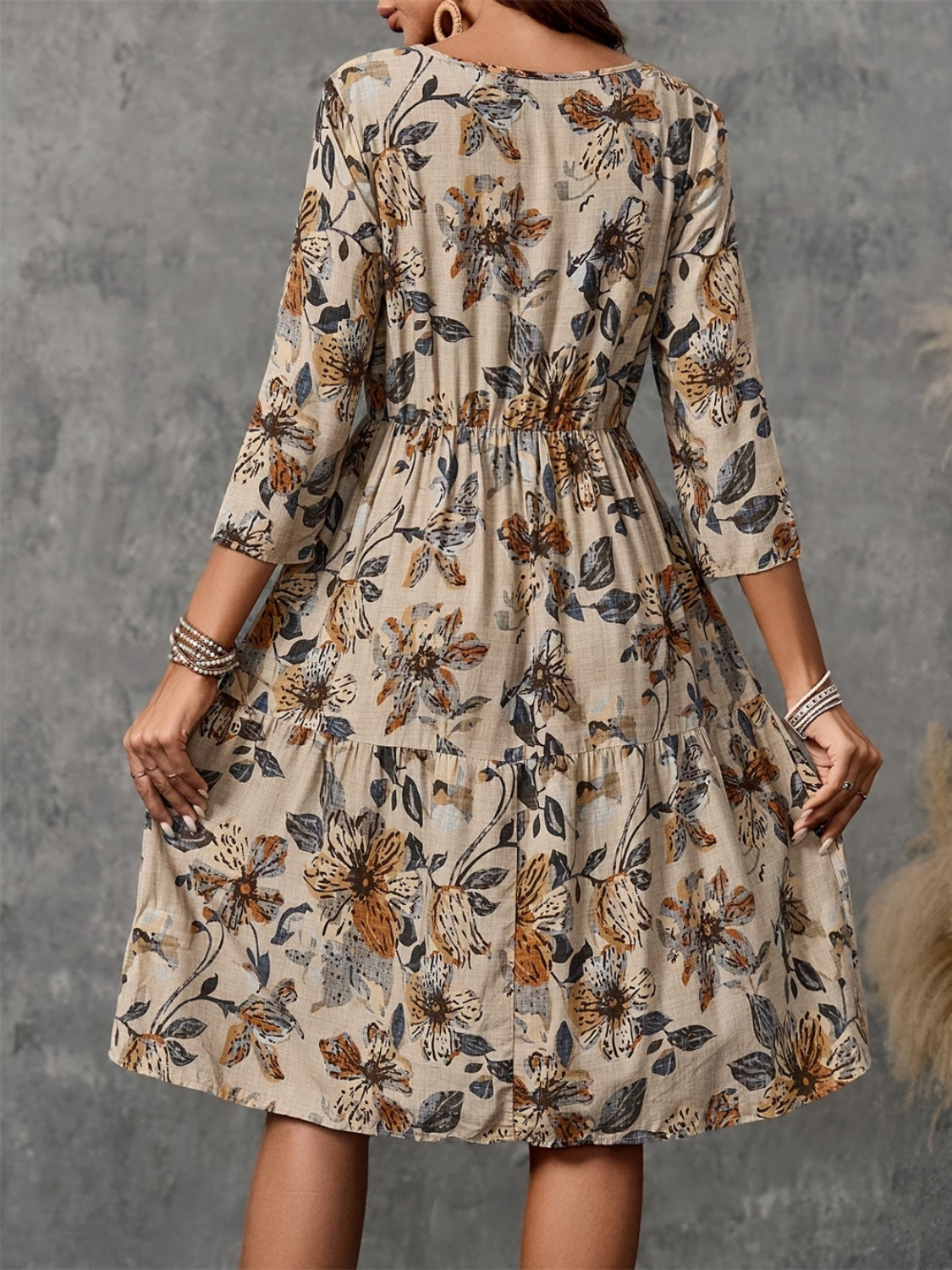 Printed Round Neck Three-Quarter Sleeve Dress  Trendsi   