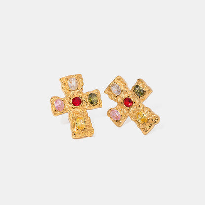 18K Gold-Plated Zircon Cross Earrings  Trendsi Gold/Multi One Size 