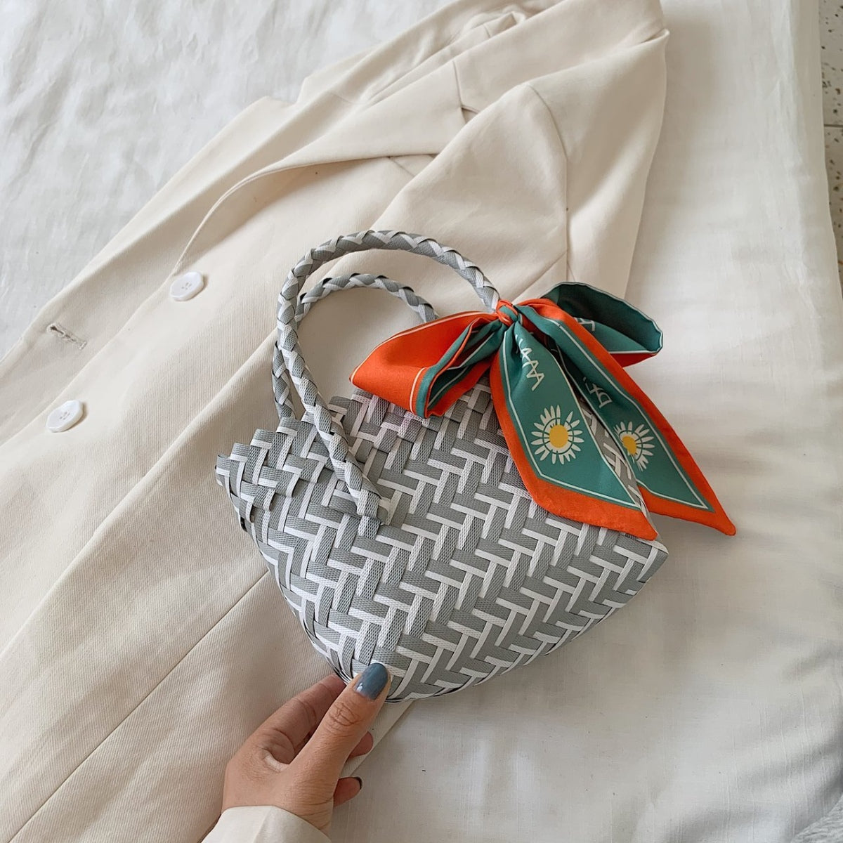 Contrast Woven Handbag with Ribbon  Trendsi   