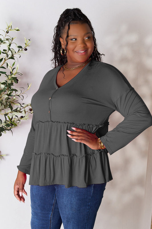 Double Take Half Button Long Sleeve Ruffle Hem Blouse Blouse Trendsi Dark Gray S 