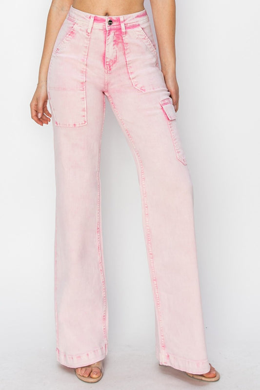 RISEN Full Size High Rise Wide Leg Cargo Pocket Jeans  Trendsi Acid Pink 0(24) 