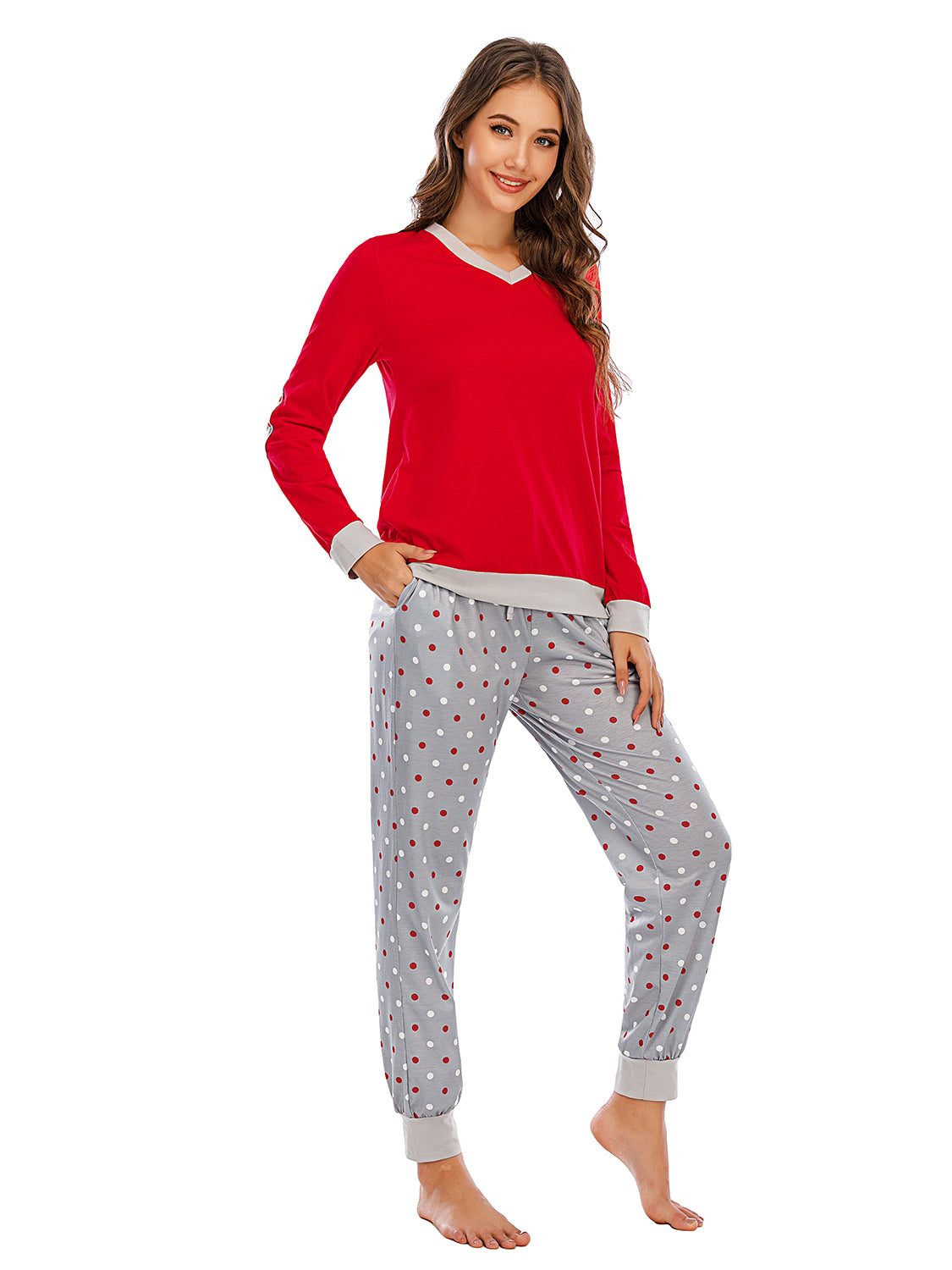 Long Sleeve Top and Polka Dot Pants Set  Trendsi   