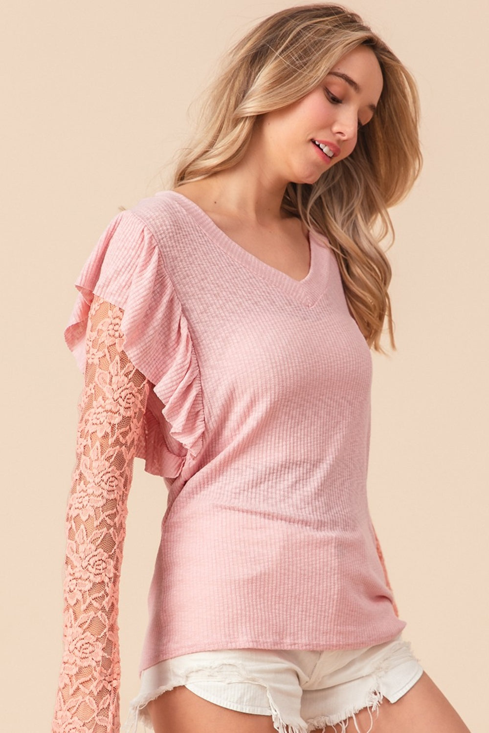 BiBi Ruffled Lace Sleeve Rib Knit Top  Trendsi   