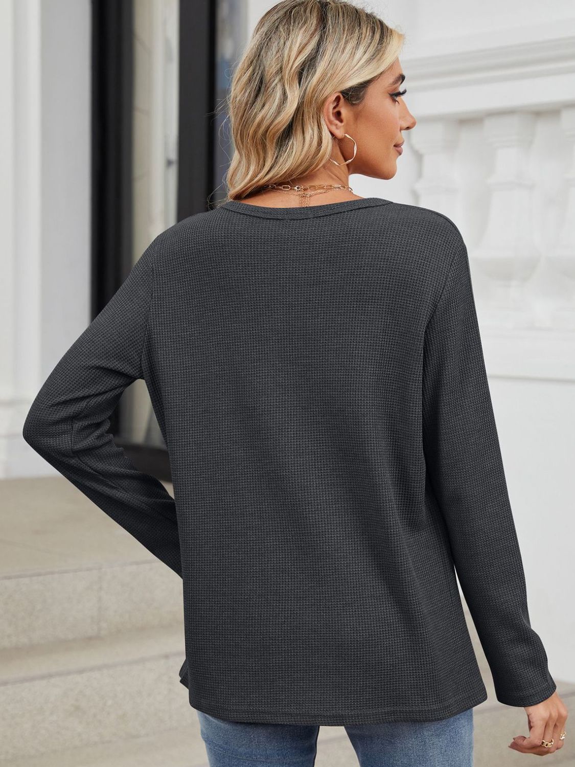 Waffle-Knit Notched Long Sleeve T-Shirt T-Shirt Trendsi   