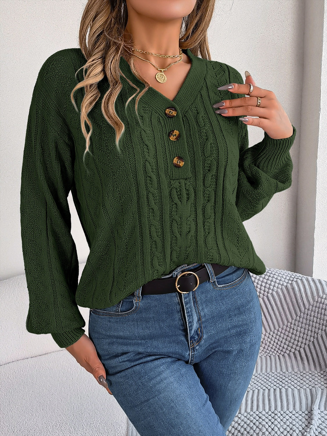 Cable-Knit V-Neck Long Sleeve Sweater  Trendsi   