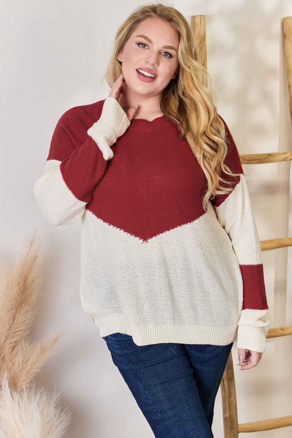 Hailey & Co Full Size Color Block Dropped Shoulder Knit Top  Trendsi   