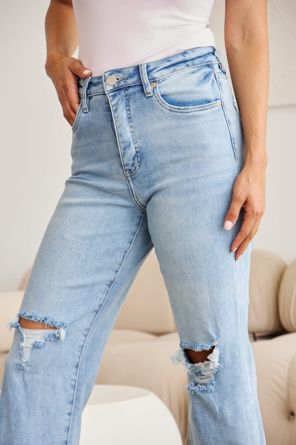 RFM Full Size Tummy Control High Waist Raw Hem Distressed Jeans  Trendsi   