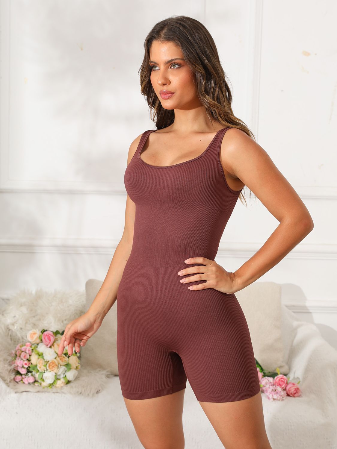 Scoop Neck Wide Strap Active Romper  Trendsi Dark Brown S 