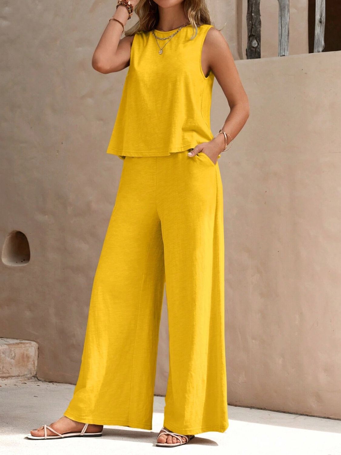 Round Neck Sleeveless Top and Wide Leg Pants Set  Trendsi Gold S 