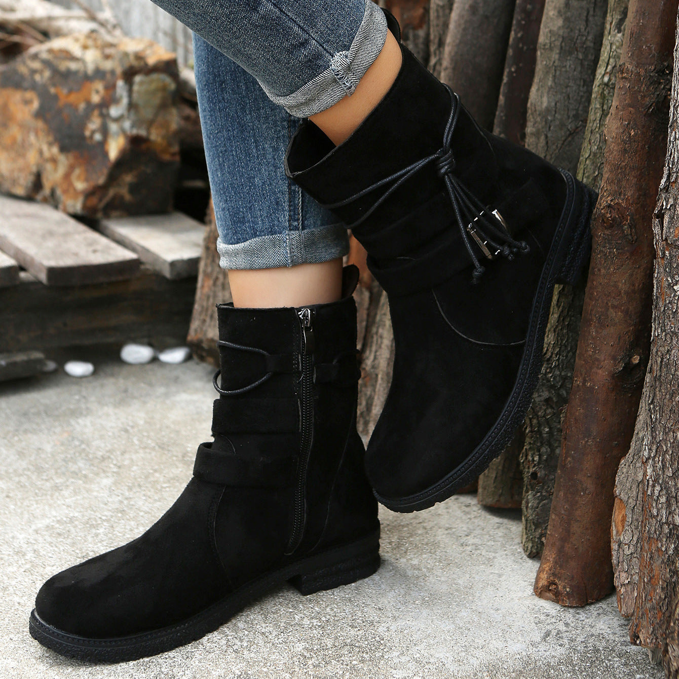 Suede Side Zip Round Toe Boots  Trendsi   