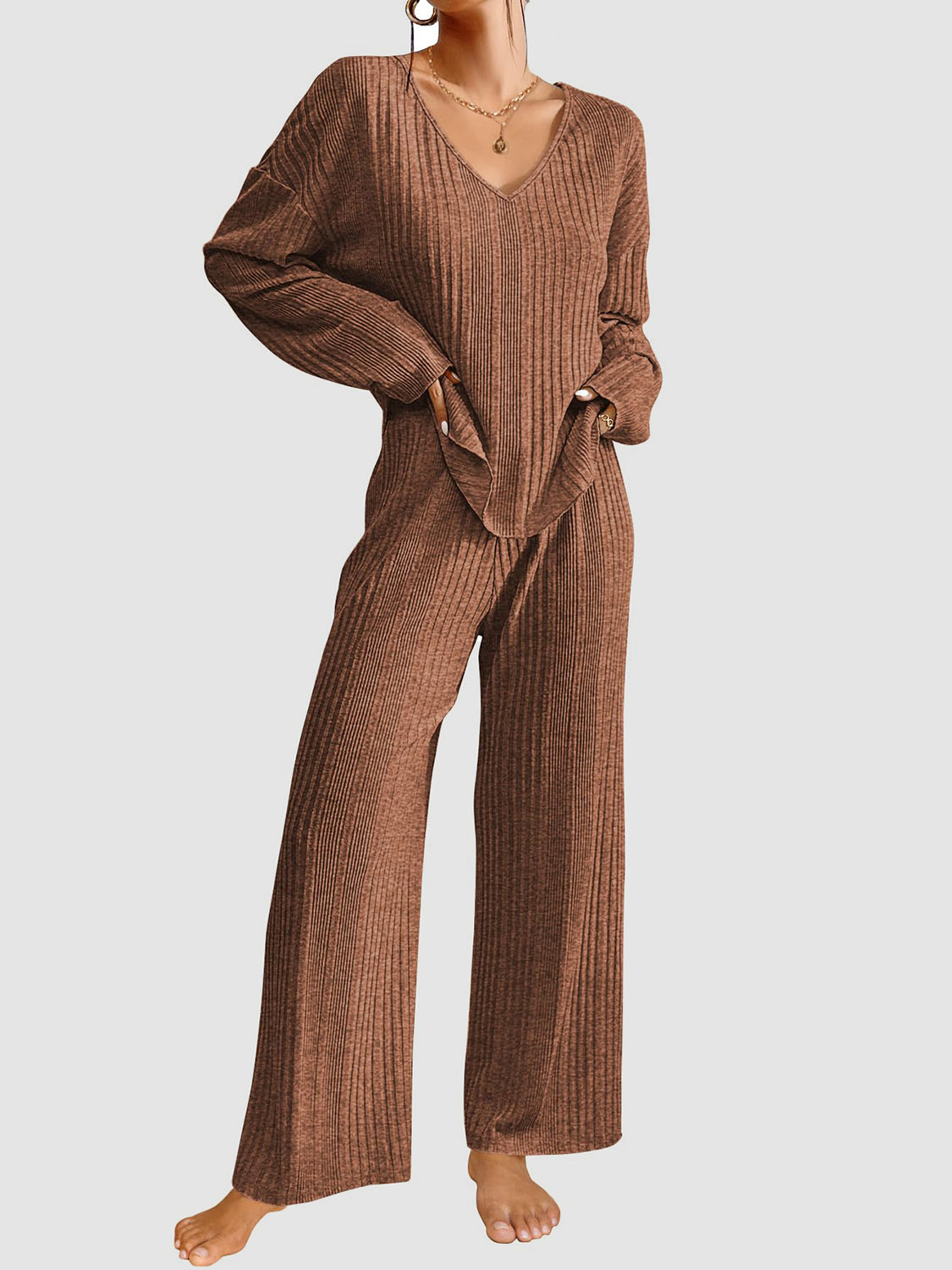 V-Neck Long Sleeve Top and Pants Set  Trendsi Caramel S 