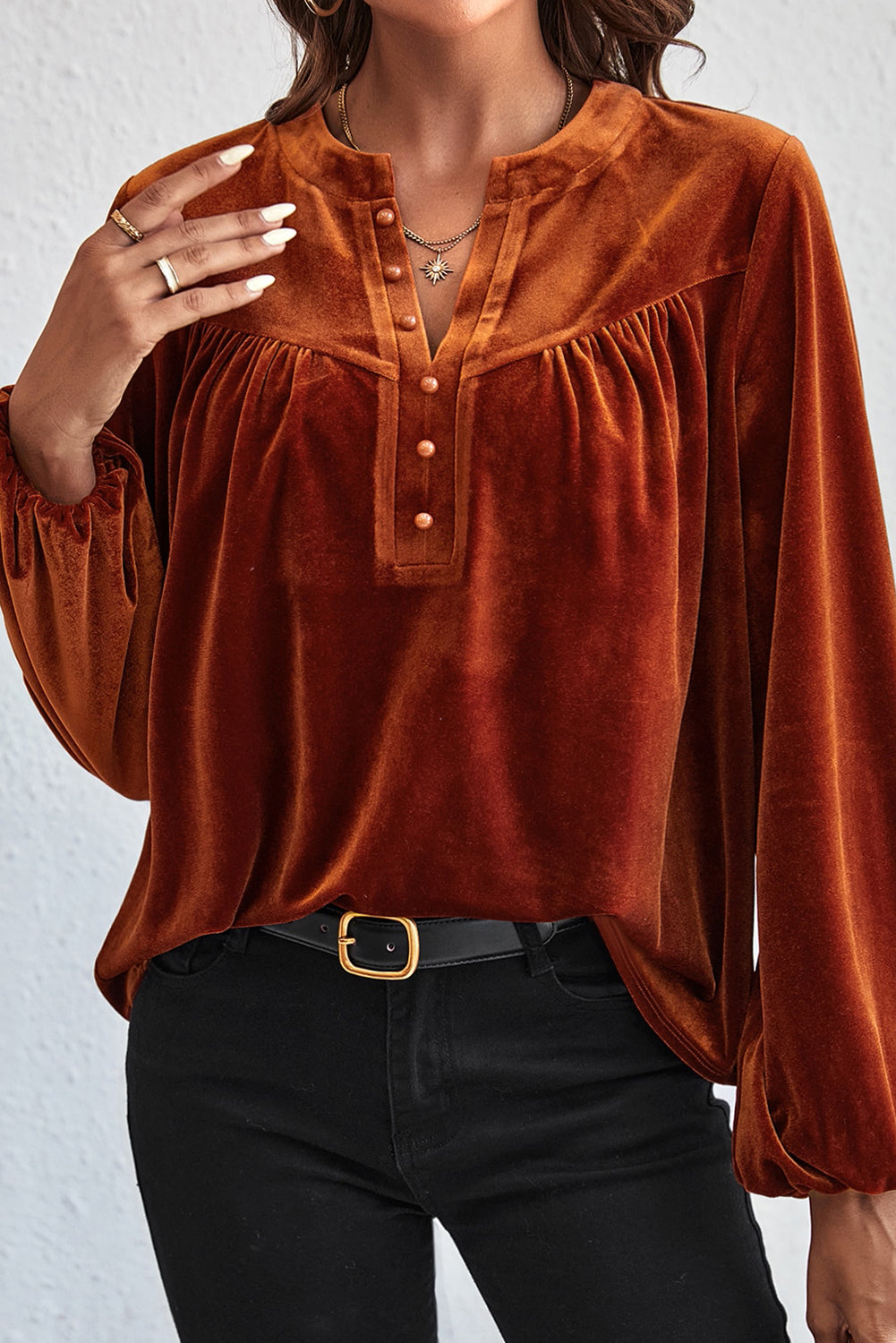 Ruched Decorative Button Notched Blouse Blouse Trendsi   