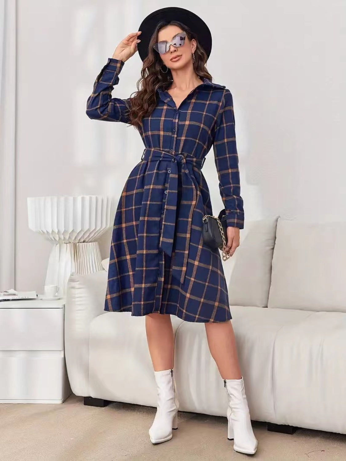 Plaid Tie Waist Long Sleeve Dress  Trendsi   