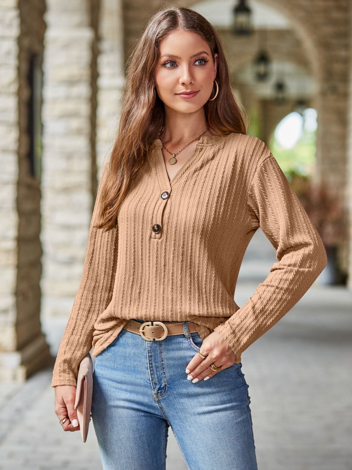 Mandy Notched Long Sleeve T-Shirt  Trendsi Tan S 