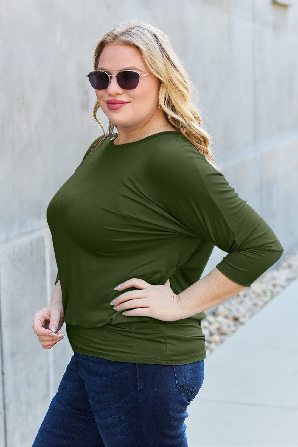 Basic Bae Full Size Round Neck Batwing Sleeve Top Blouse Trendsi   