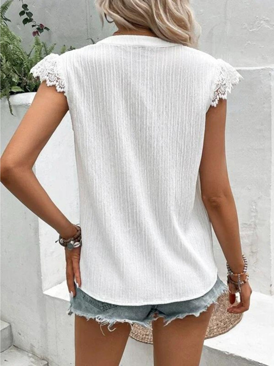 Lace Detail Notched Cap Sleeve Blouse Blouse Trendsi   