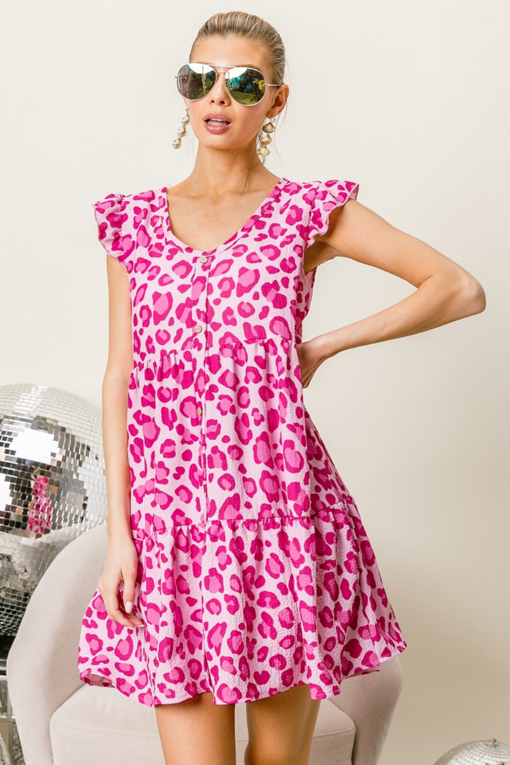 BiBi Leopard Cap Sleeve Tiered Mini Dress  Trendsi   