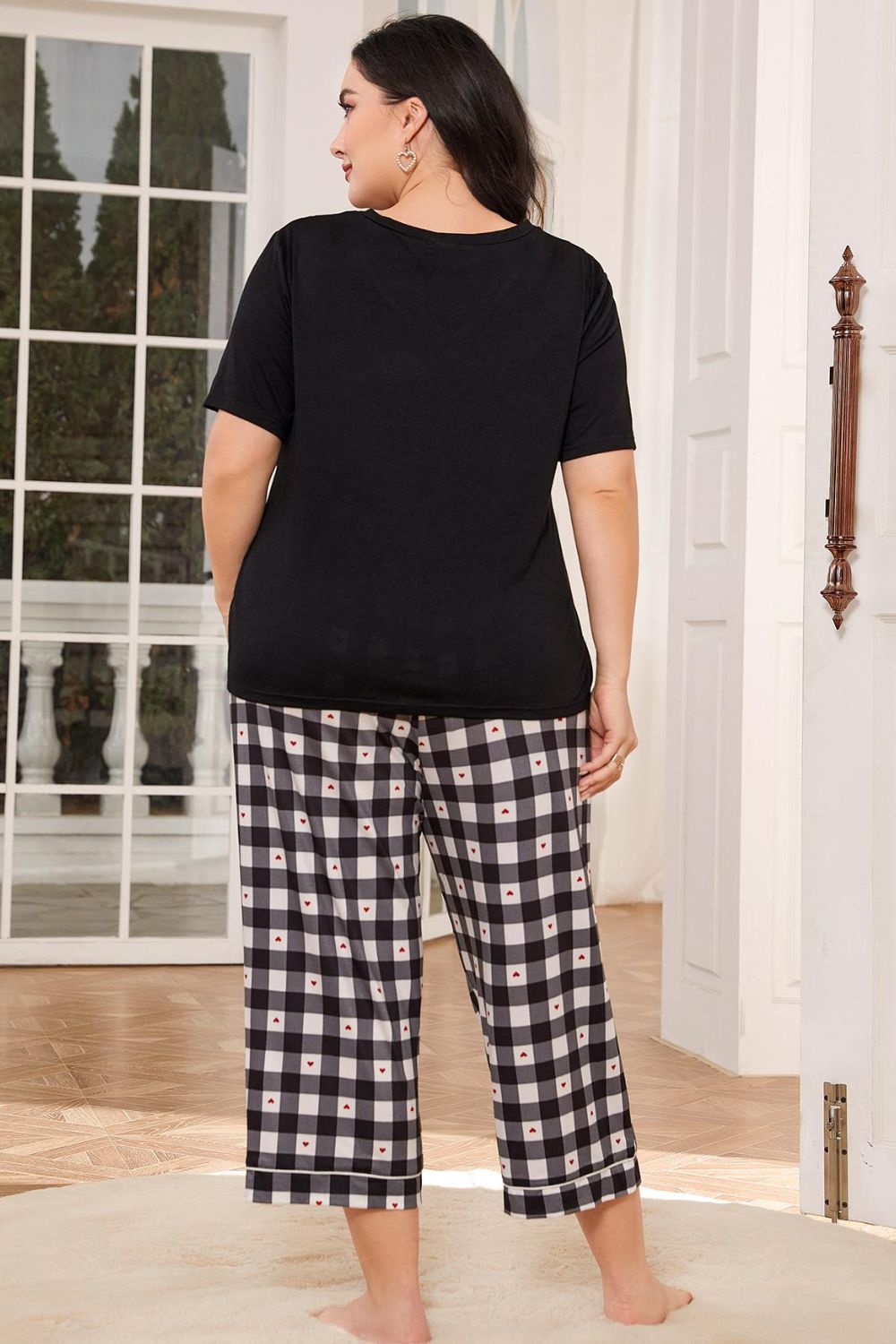 V-Neck Tee and Plaid Cropped Pants Lounge Set  Trendsi   