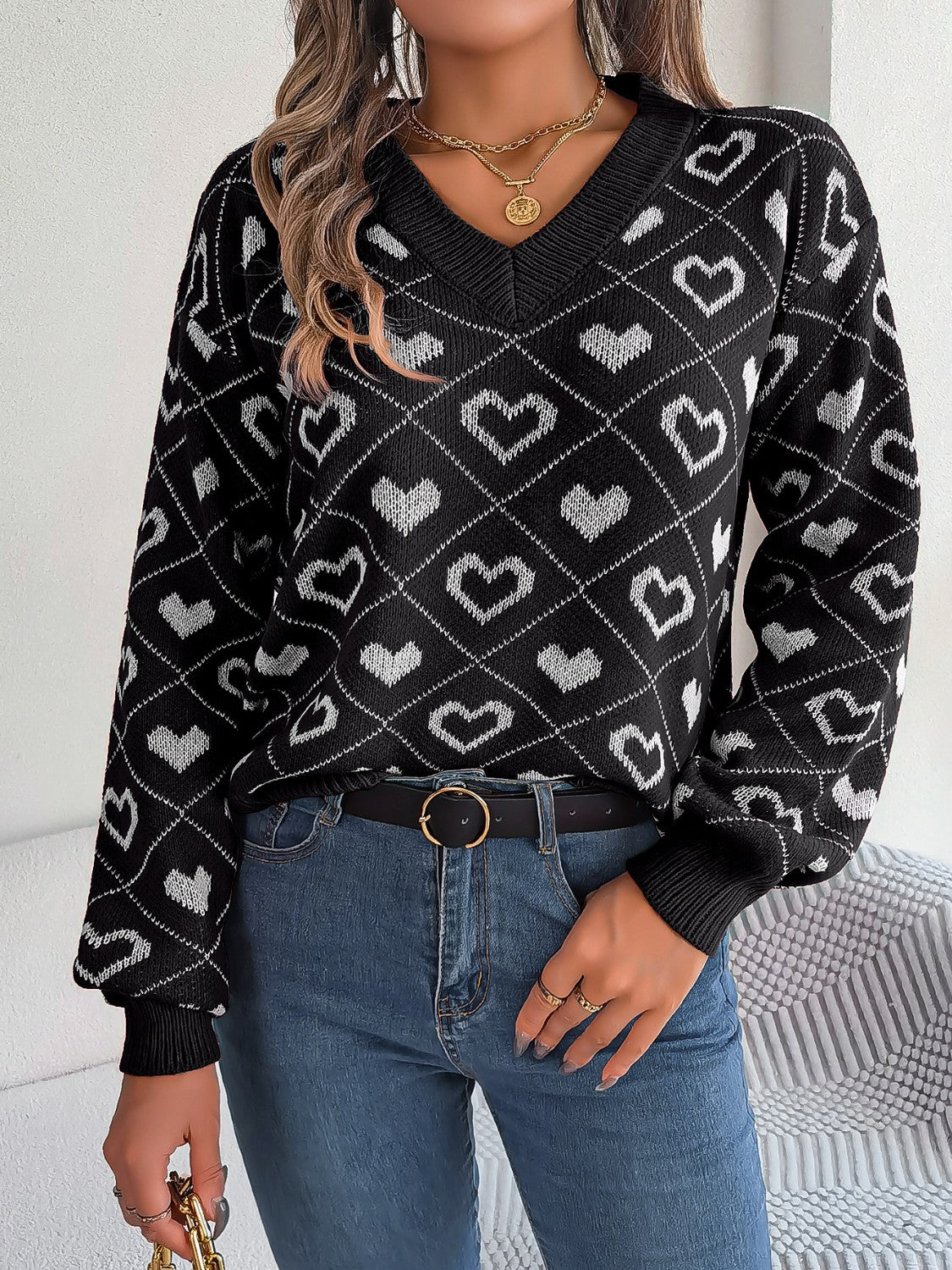 Heart Pattern V-Neck Long Sleeve Sweater  Trendsi   