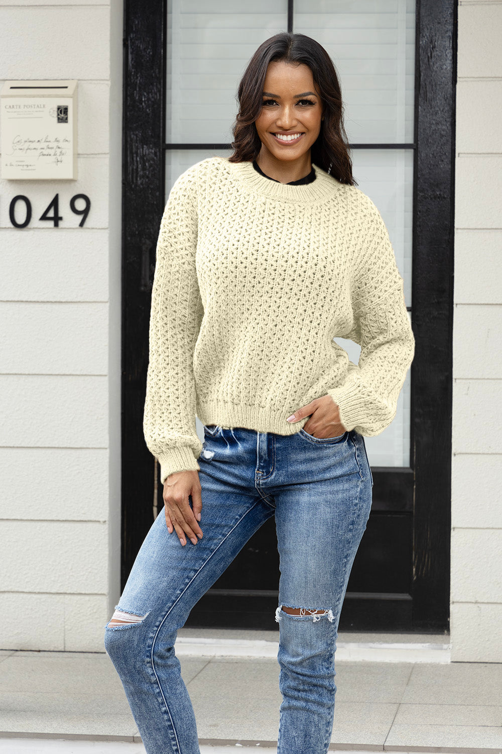 Round Neck Long Sleeve Sweater  Trendsi Cream S 