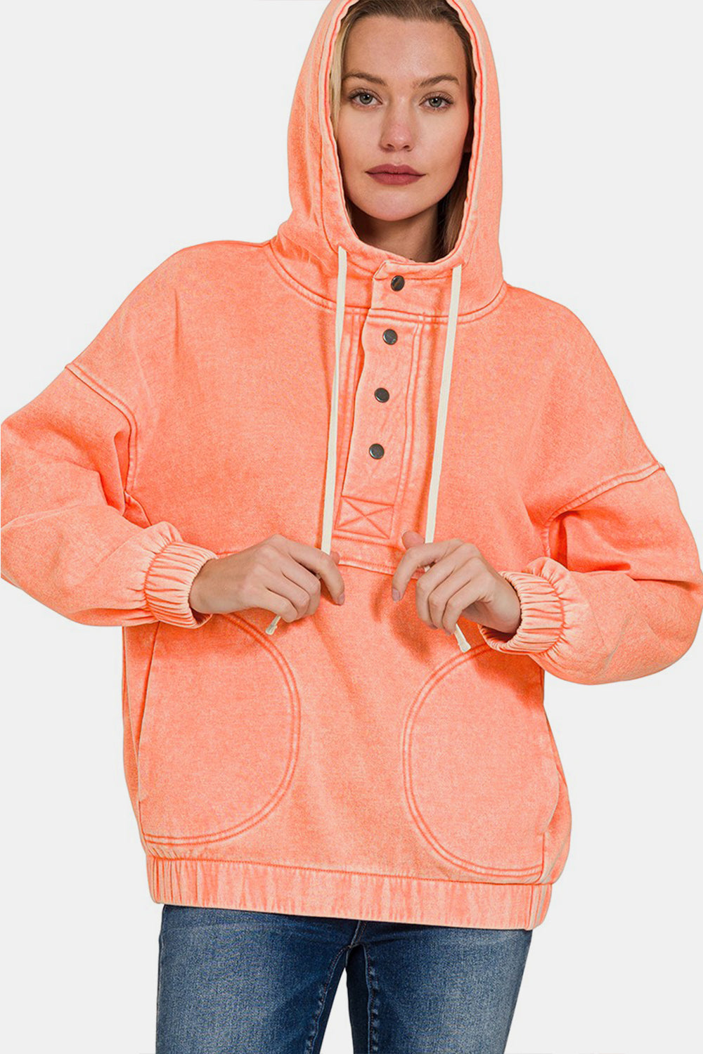 Zenana Drawstring Half Snap Dropped Shoulder Hoodie  Trendsi CORAL S 