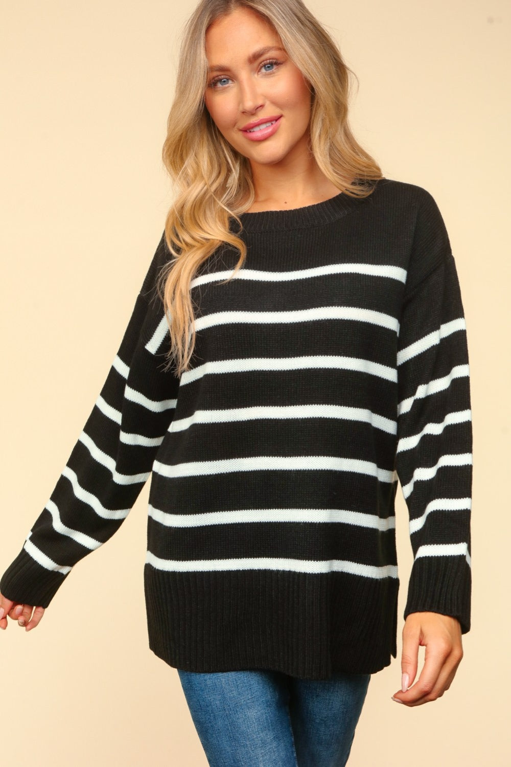 Haptics Full Size Striped Contrast Side Slit Sweater  Trendsi   