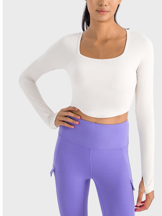 Millennia Square Neck Long Sleeve Cropped Sports Top  Trendsi White 4 